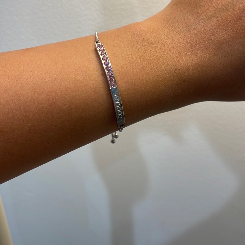 Silver cancer awareness courage bracelet. Adjustable.